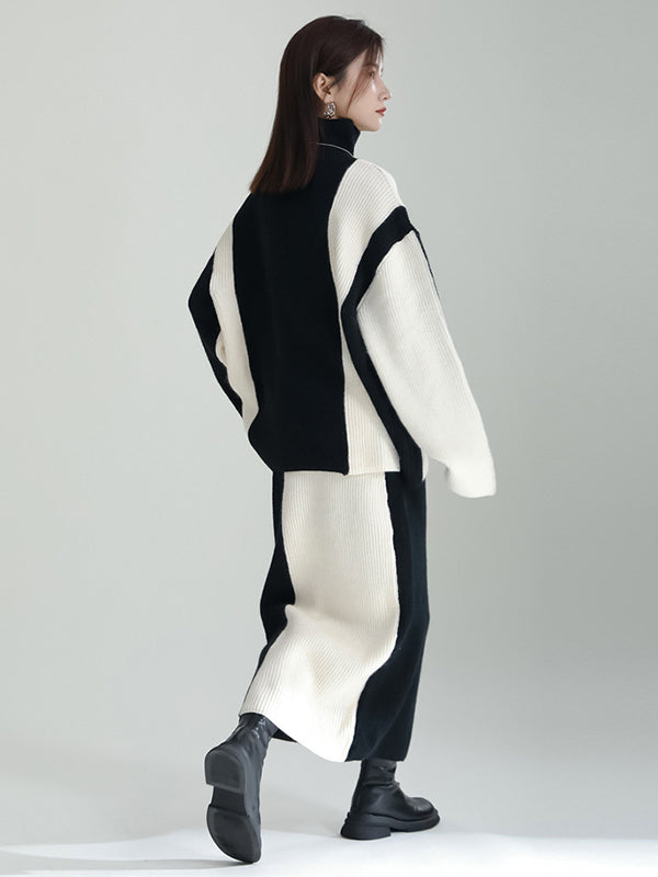 Casual Loose Long Sleeves Contrast Color High-Neck Sweater Top&Skirt Two Pieces Set