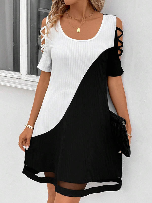 A-Line Loose Contrast Color Hollow Mesh Split-Joint Cold Shoulder Mini Dresses