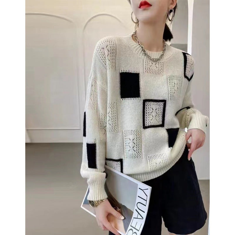 Spring and Autumn New Color Block Plaid Retro Round Neck Pullover Long Sleeve Sweater