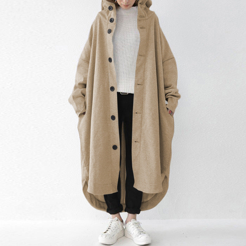 Loose Solid Color Buttoned Hooded Windbreaker Coat