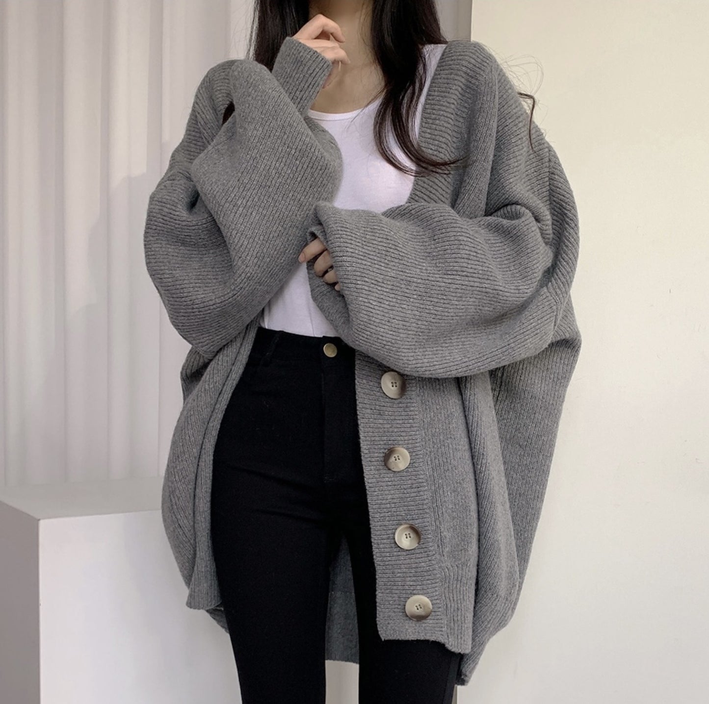 Casual Knit Button Lantern Sleeve Outerwear