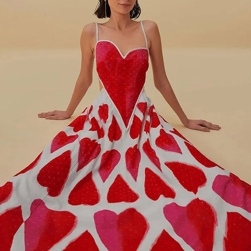 Elegant Casual Heart Printing Sleeveless Midi Dress