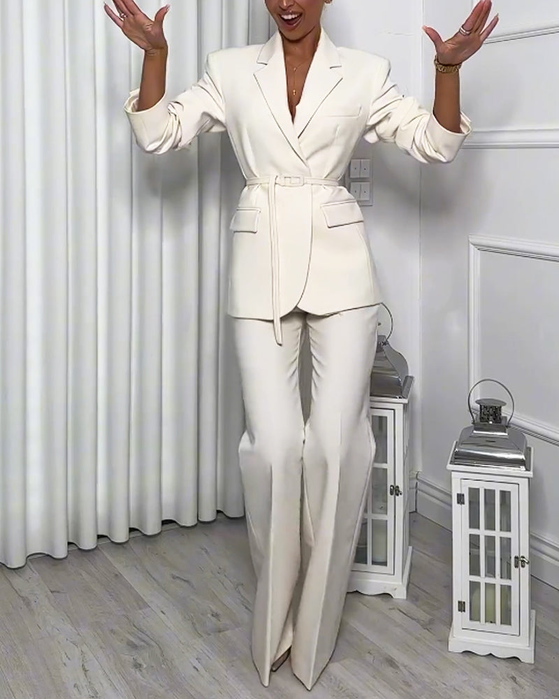 Fashionable Solid Color Laps Suit Jacket & Pants Two-piece Set