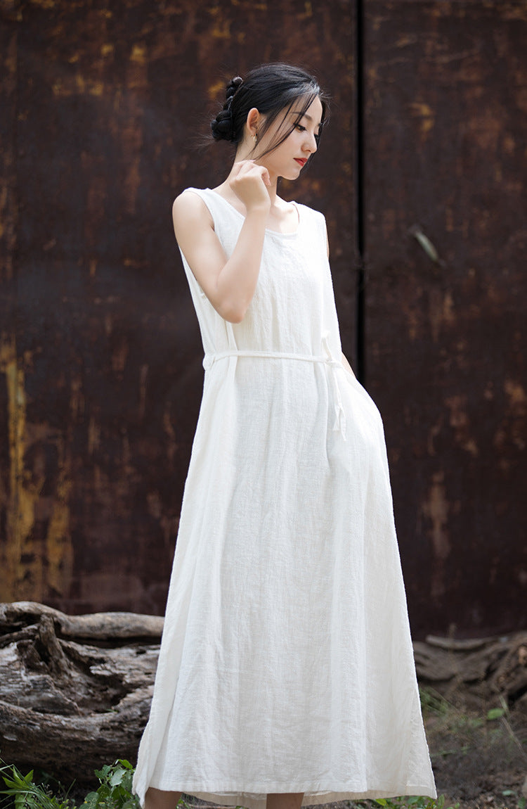 Simple Ramie Sleeveless Lace-up Midi Dress