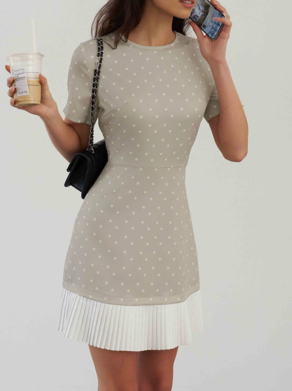 A-Line High Waisted Pleated Polka-Dot Split-Joint Round-Neck Mini Dresses