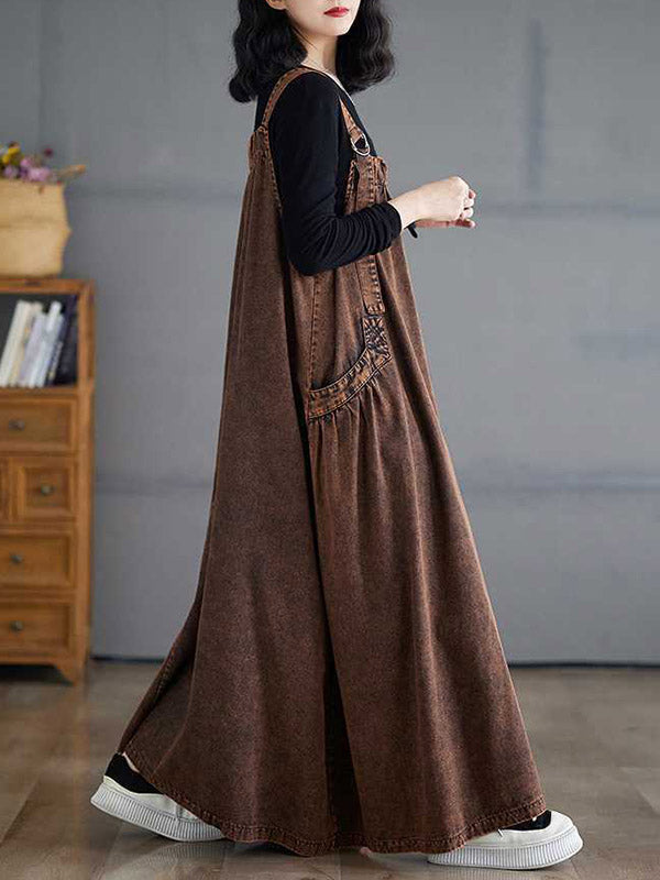 A-Line Loose Pleated Pockets Solid Color Split-Joint Spaghetti-Neck Suspender Dress