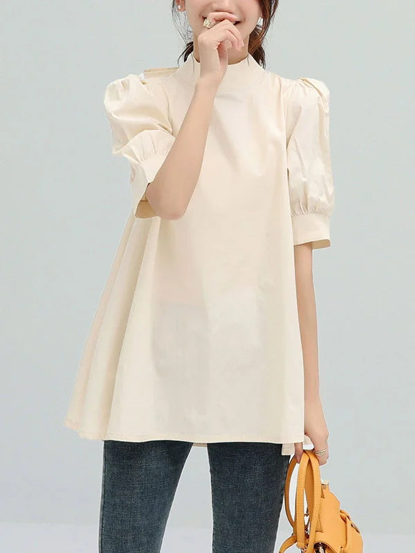 Half Sleeves Loose Bowknot Pleated Solid Color Mock Neck Blouses&Shirts Tops
