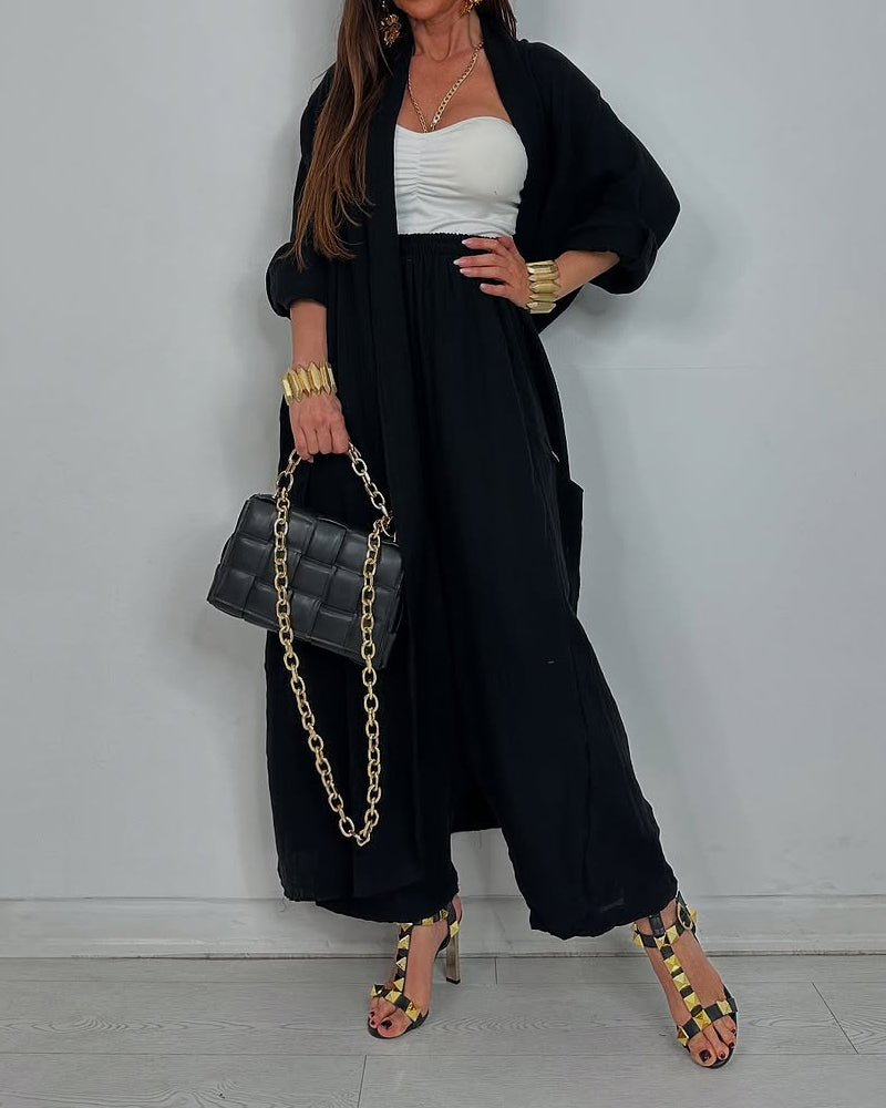 Casual Long Cardigan & Pants Two-piece Set