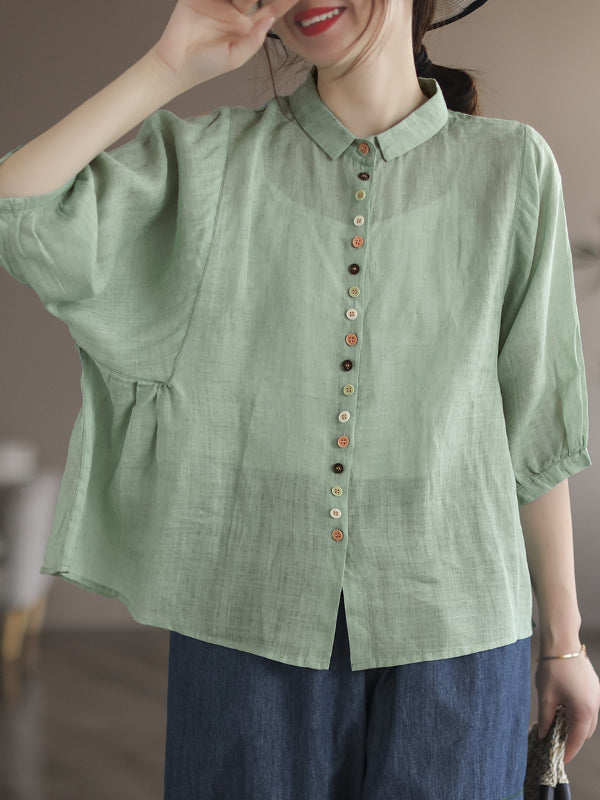 Literary Solid Color Lapel Bat Sleeve Shirt