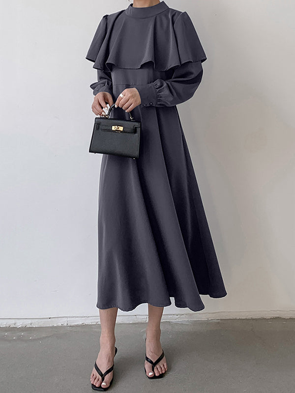 A-Line Long Sleeves Ruffle Trim Solid Color Tied Waist Mock Neck Midi Dresses