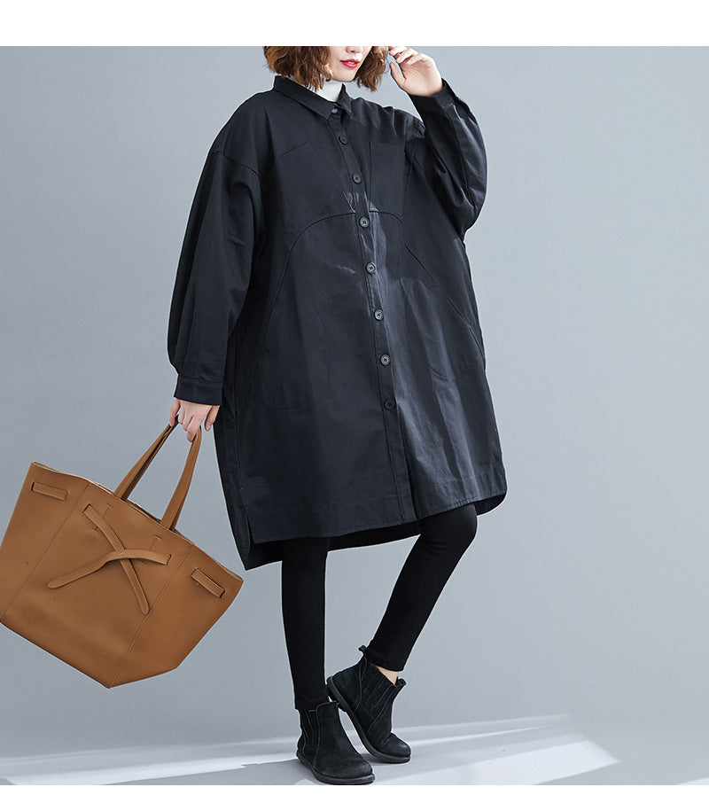 Literary Solid Color Lapel Long Sleeve Trench Coat