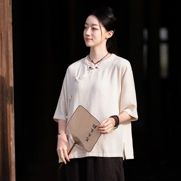 Vintage Stand Collar Short Sleeve Linen Shirt