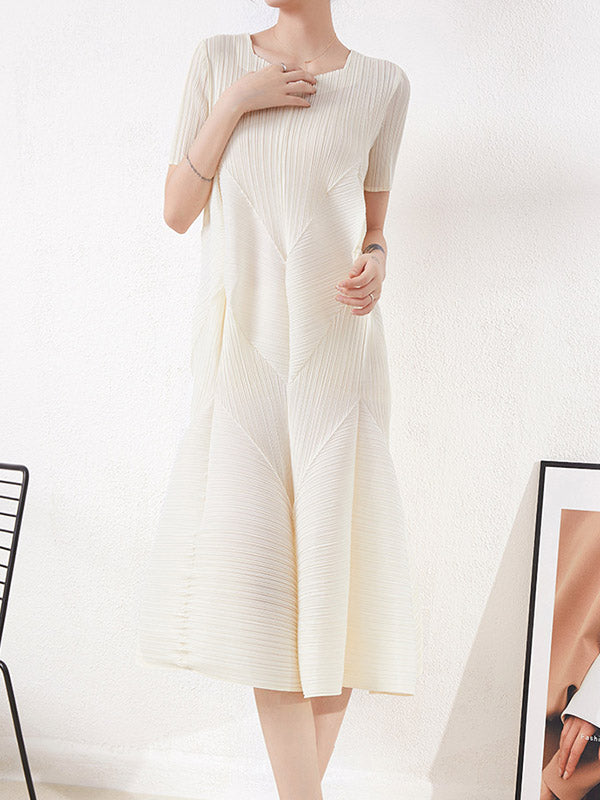 High Waisted Loose Pleated Solid Color Round-Neck Midi Dresses