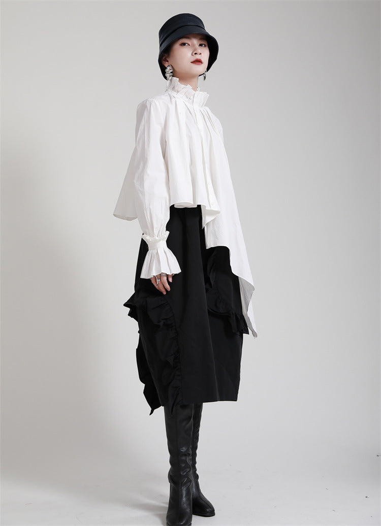 Irregular Solid Color Stand Collar Long Sleeve Shirt