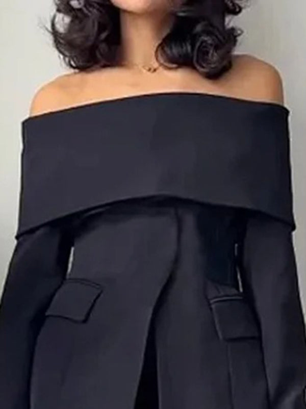 Long Sleeves Solid Color Split-Front Split-Joint Off-The-Shoulder Blazer