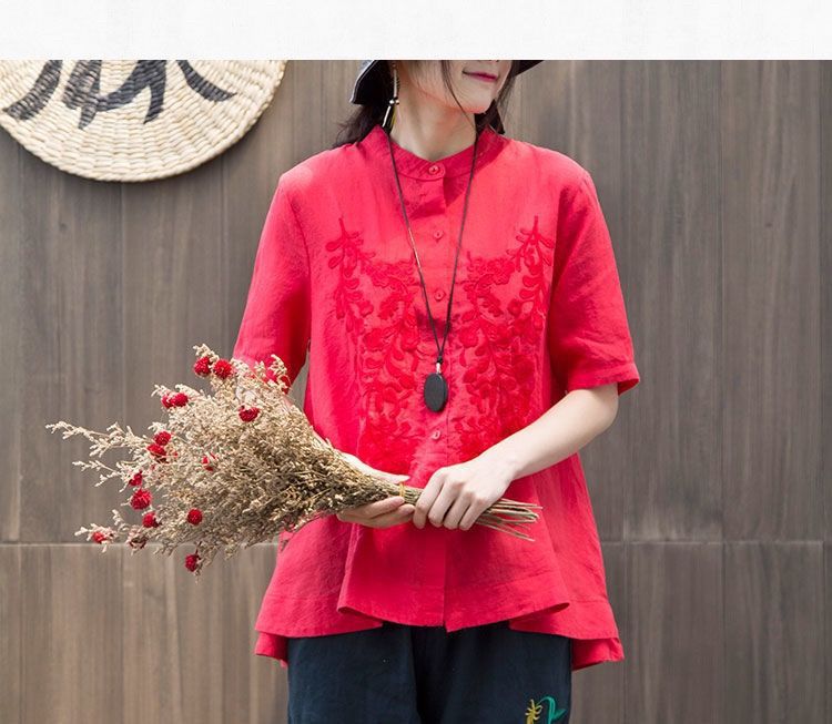 Loose Cotton Embroidered Short Sleeve Stand Collar Shirt