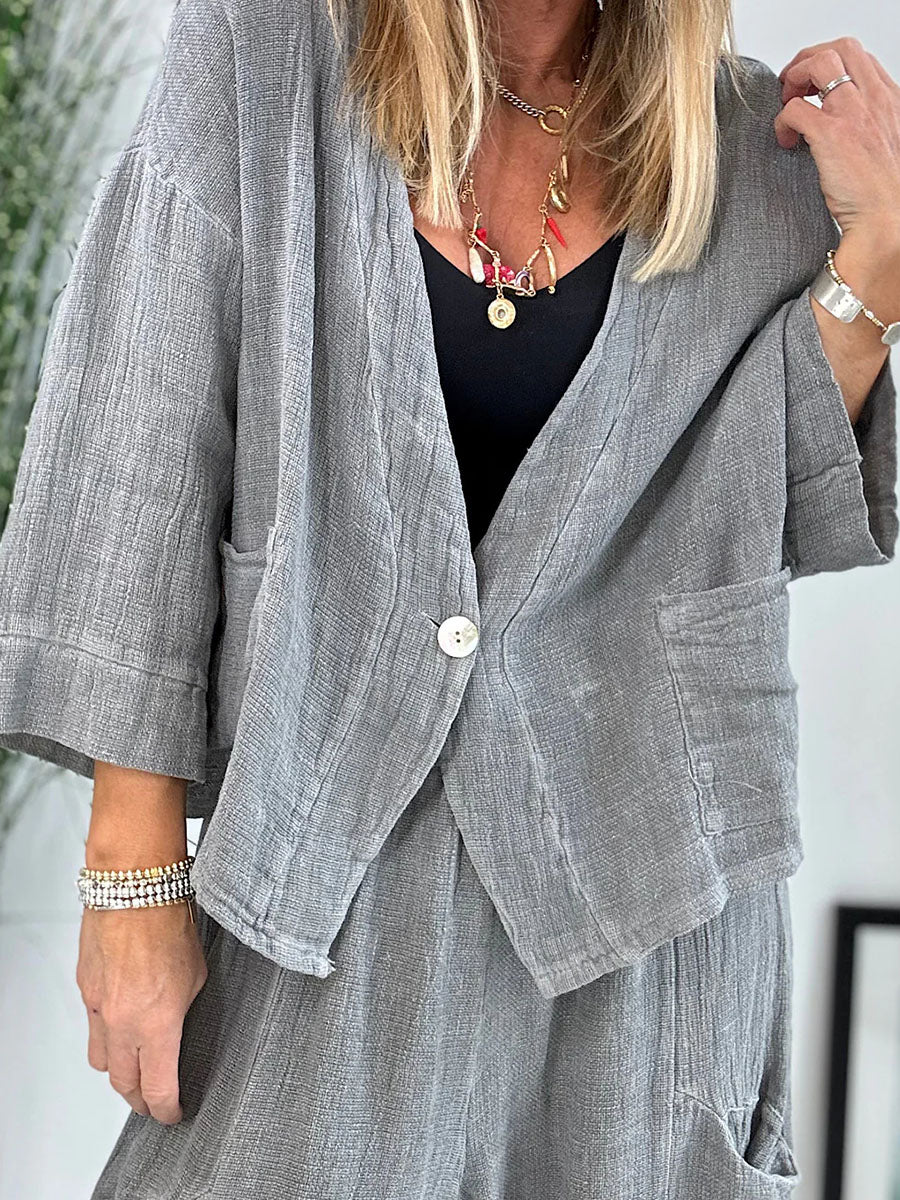 Cotton and linen mid-sleeve casual two-piece set