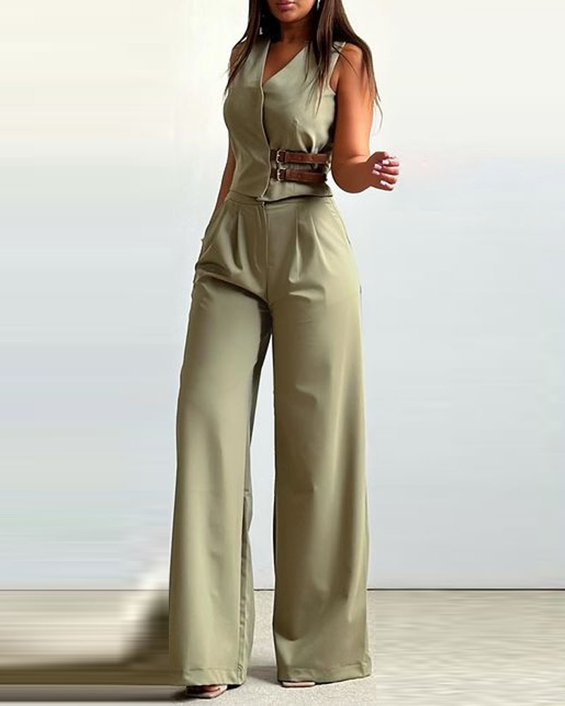 Fashion V-Neck Vest & Pants Two-Piece Set