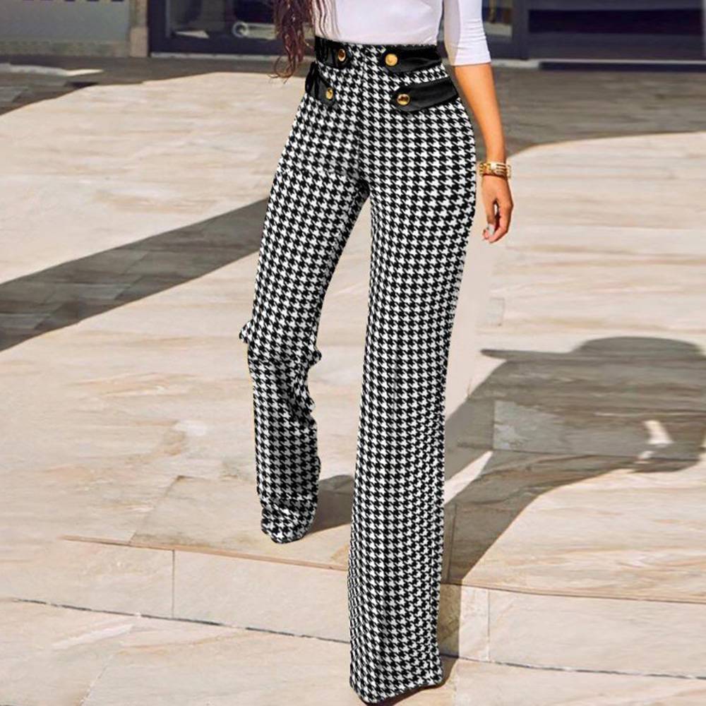 Slim Color Block Patchwork Mid Waist Women's Casual Pants