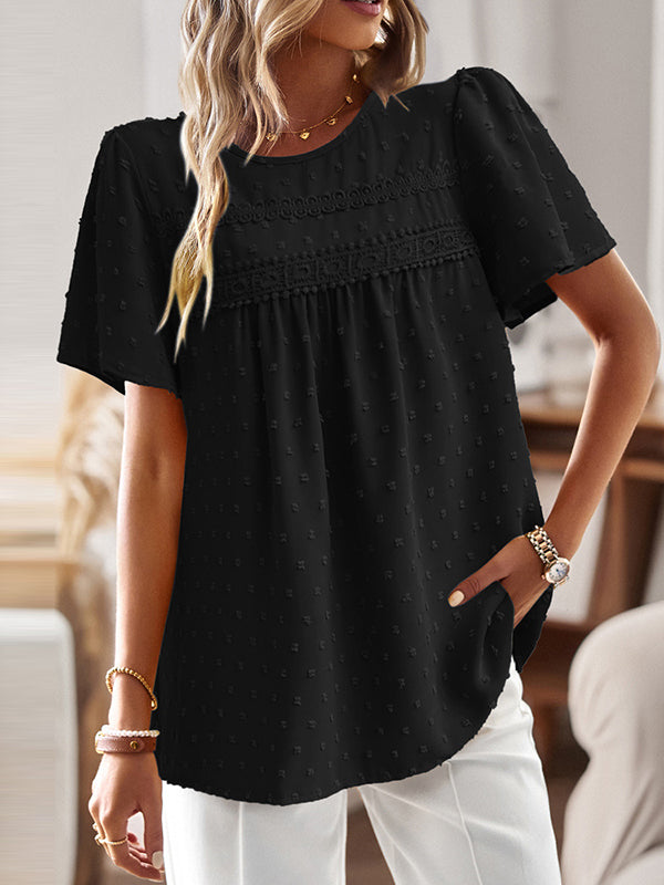 Loose Short Sleeves Hollow Jacquard Pleated Solid Color Split-Joint Round-Neck T-Shirts Tops
