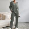 Ribbed Lounge Sets for Women 2 Piece Solid Color Ribbed Knit V Neck Long Sleeve Shirts and Wide Leg Long Pants Casual Travel Pajamas Lounge Set Loungewear Summer Outfits