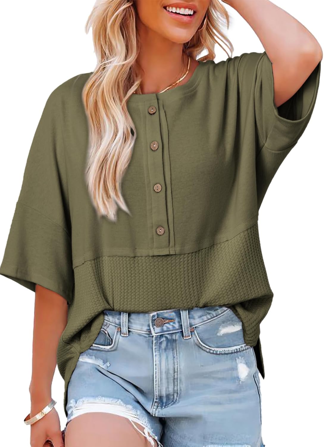 Casual Waffle Knit Button 3/4 Sleeve Top(Buy 2 Free Shipping)