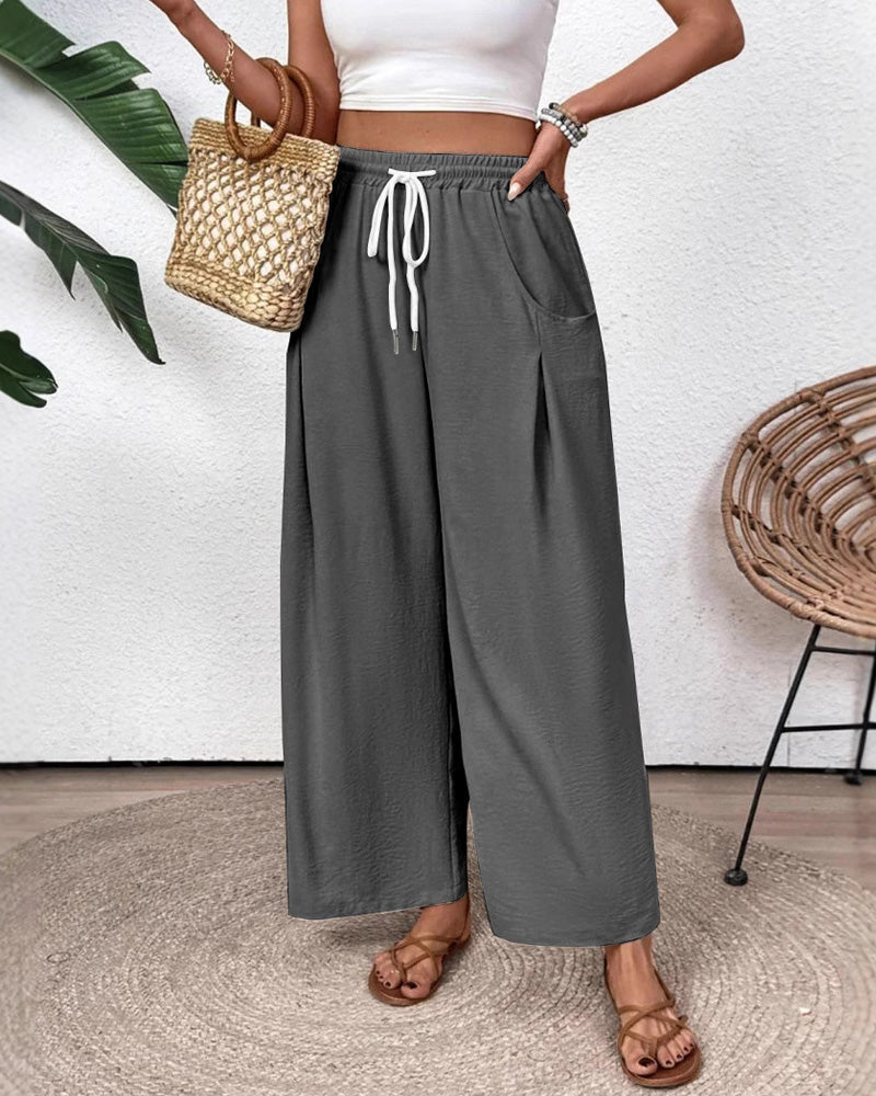 Drawstring Pocket Wide Leg Casual Pants