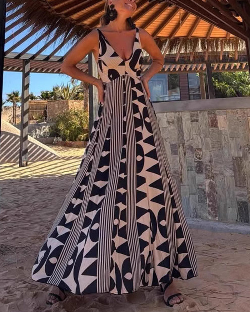 V-neck Waist Printed Large Dress