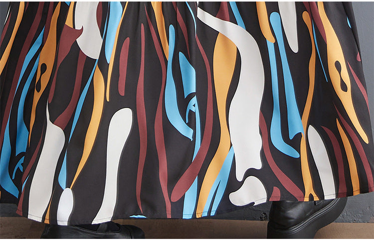 Loose Print Pleated Round Neck Midi Dress