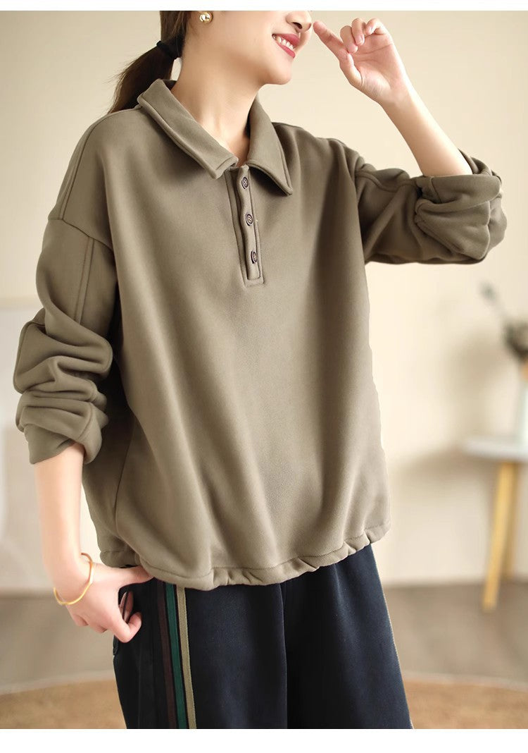 Literary Solid Color Cotton Long Sleeve Sweatshirt