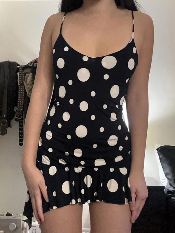 Sleeveless Contrast Color Pleated Polka-Dot Spaghetti-Neck Mini Dresses