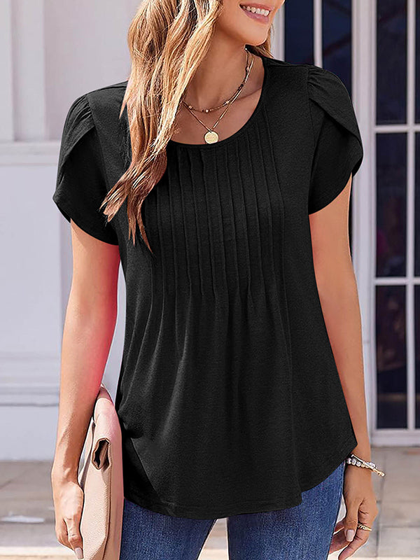 Loose Short Sleeves Pleated Solid Color Round-Neck T-Shirts Tops