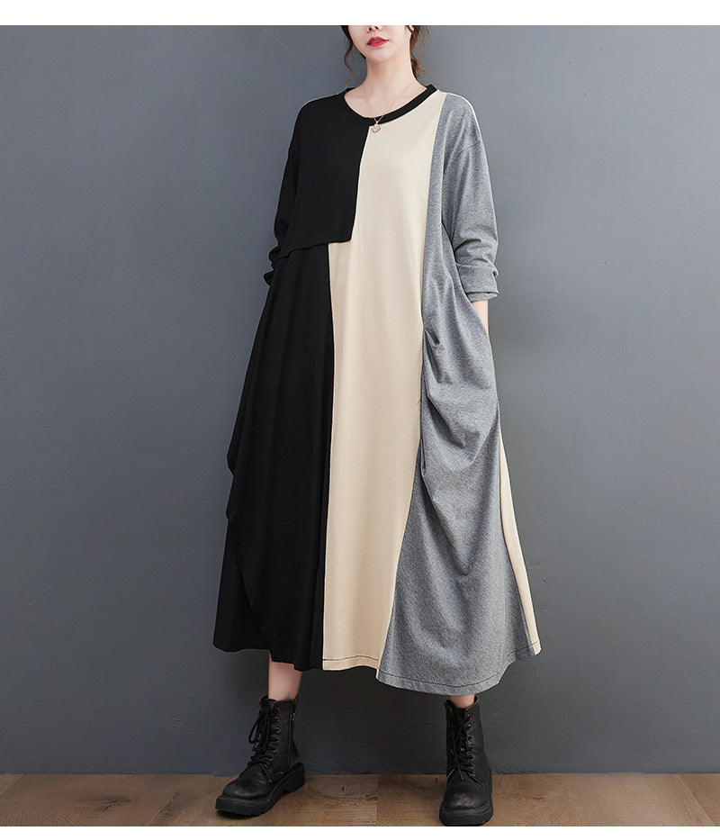 Loose Color Blocking Splicing Round Neck Midi Dress