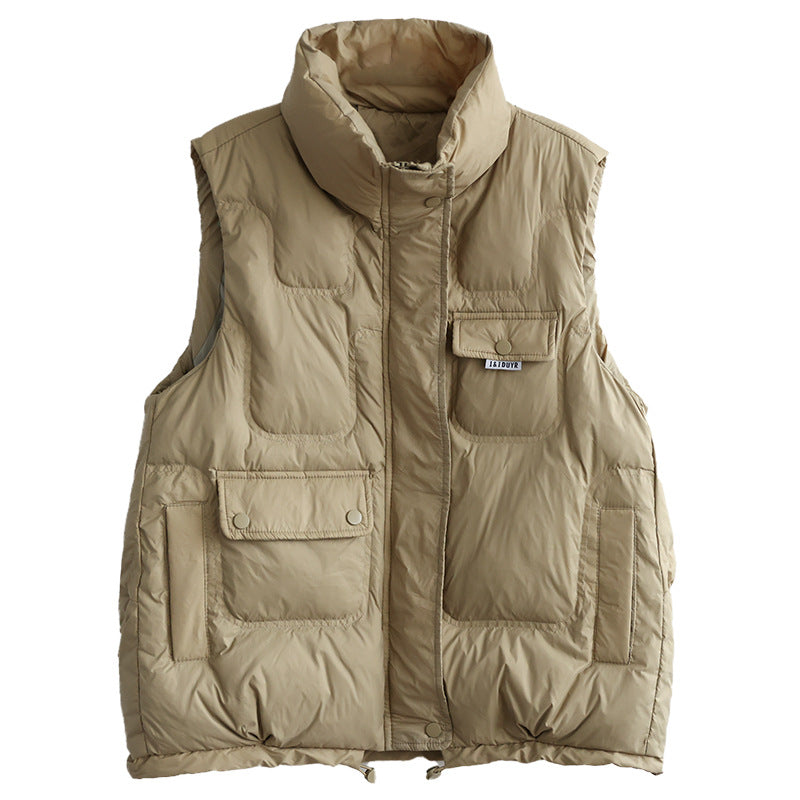 Literary Solid Color Stand Collar  Down Vest Coat