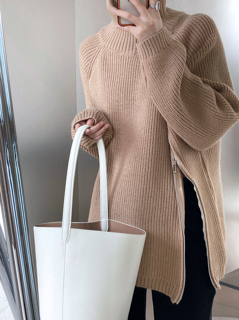 Casual Solid Color Zipper Turtleneck Knit Sweater