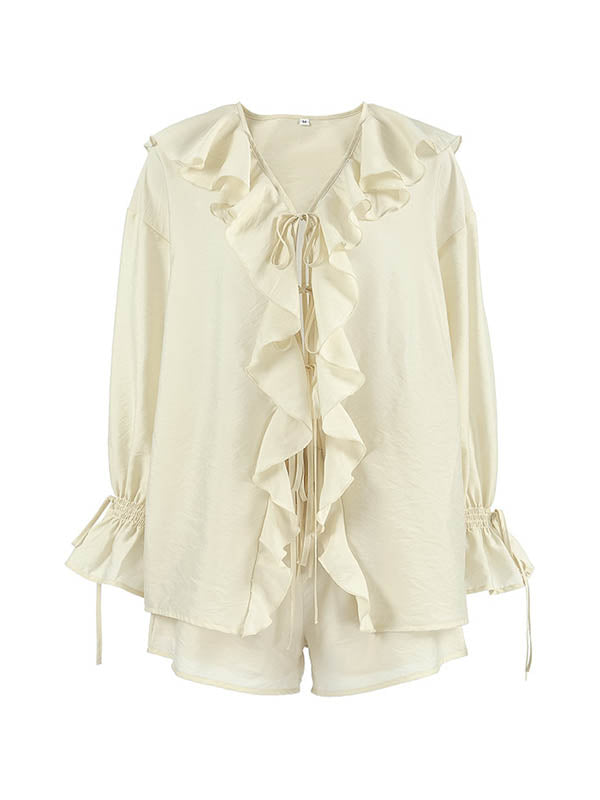 Long Sleeves Loose Ruffle Trim Solid Color Tied V-Neck Blouses&Shirts Tops + Elasticity Shorts Bottom Two Pieces Set