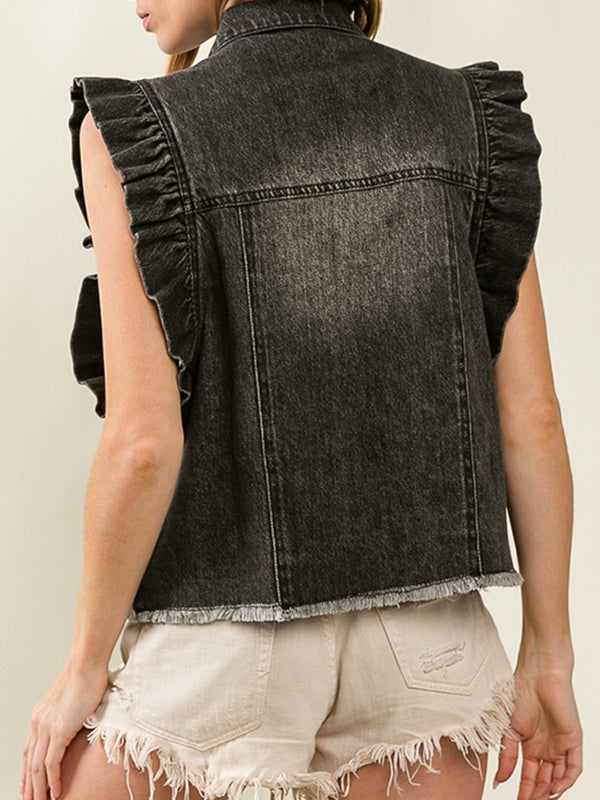 Loose Ruffle Sleeves Buttoned Fringed Pockets Split-Joint Lapel Vest Outerwear