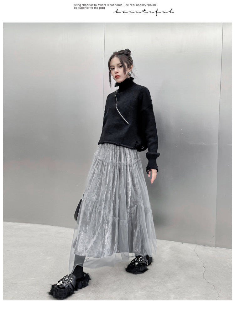 Simple Slant Zipper Turtleneck Sweater