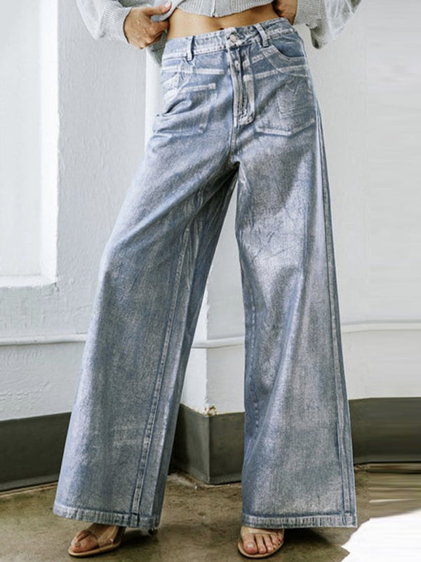 High Waisted Loose Printed Split-Joint Jean Pants Bottoms