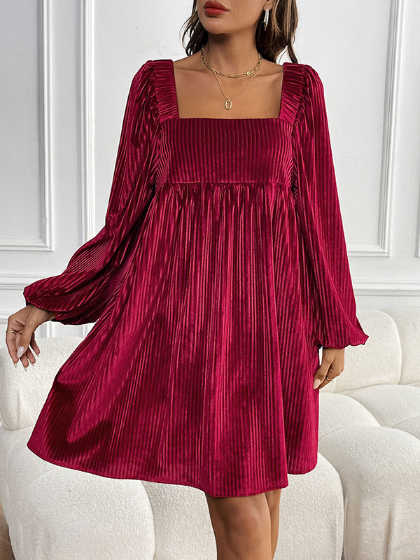 A-Line High Waisted Pockets Solid Color Split-Joint Velvet Square-Neck Mini Dresses