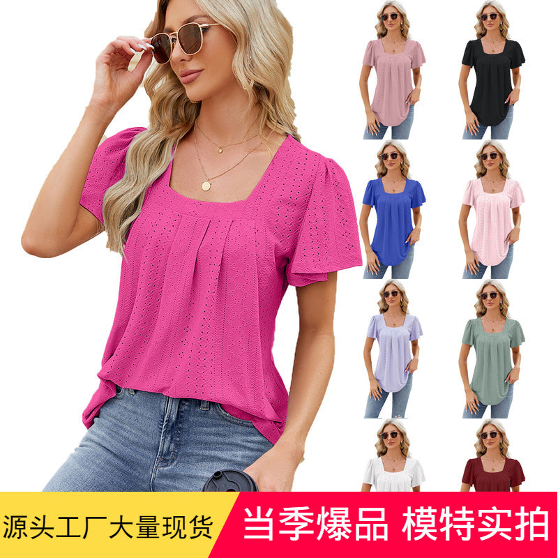 Pleated hollow square collar jacquard short sleeved tailcoat t-shirt