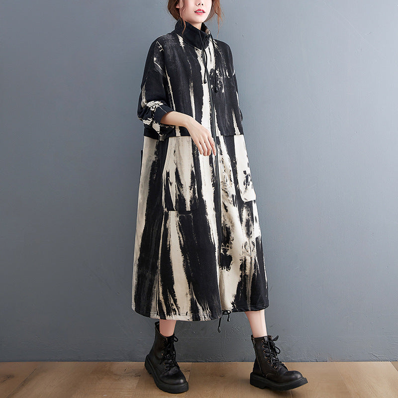 Casual Printed Long Sleeve Stand Collar Coat