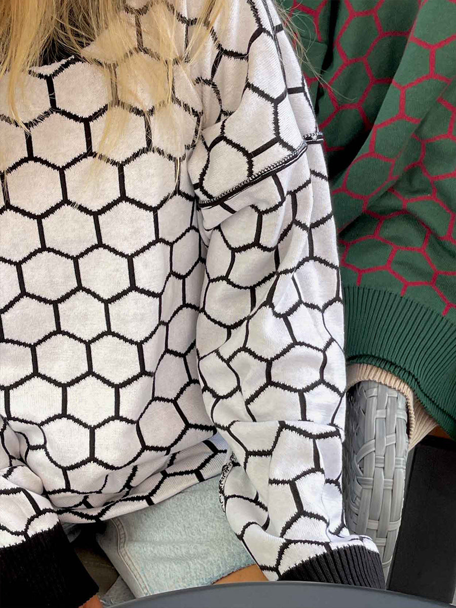 Round neck honey sweater autumn and winter loose plaid pullover round neck knitted women's top