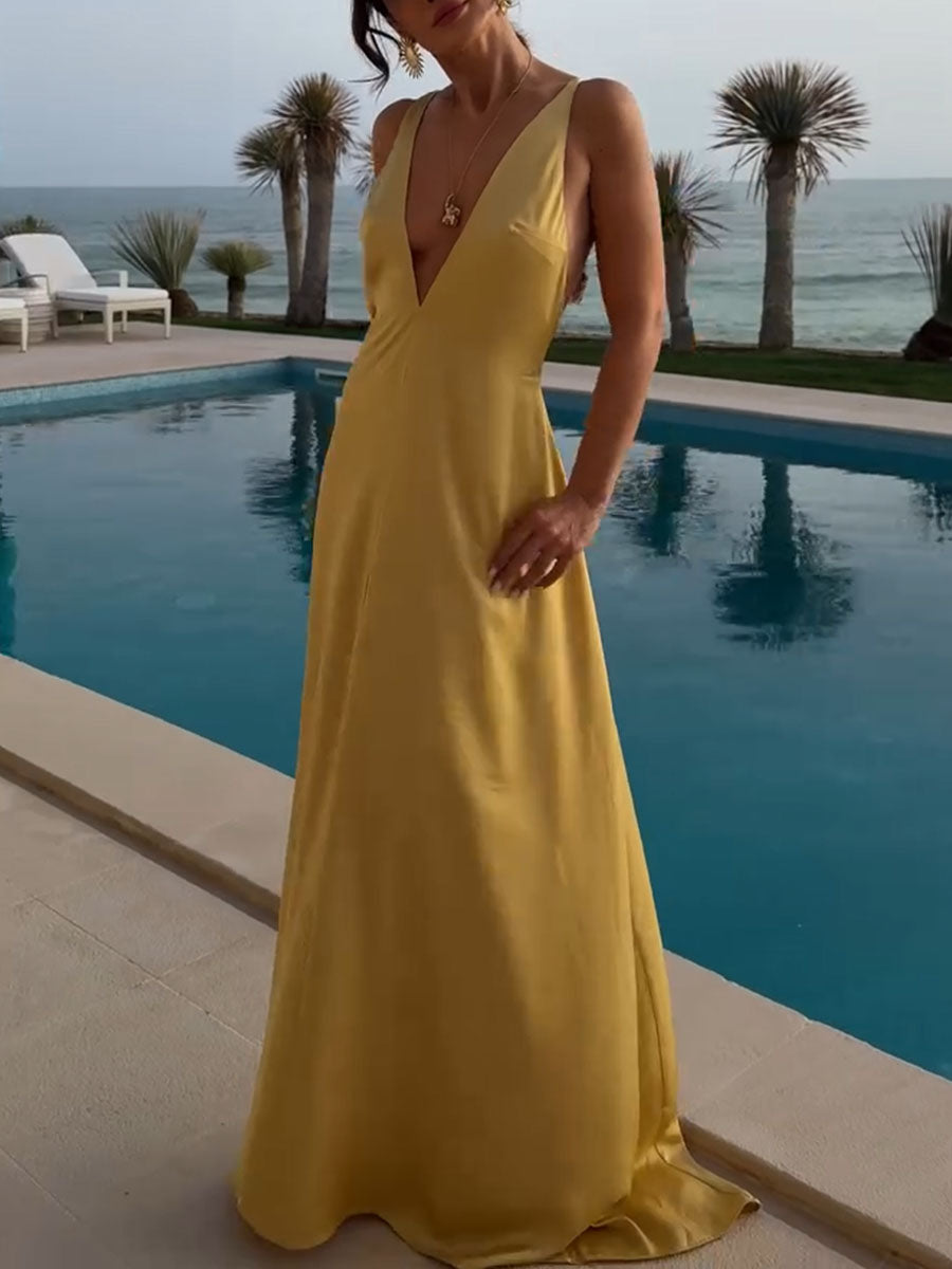 Yellow elegant V-neck backless party dress
