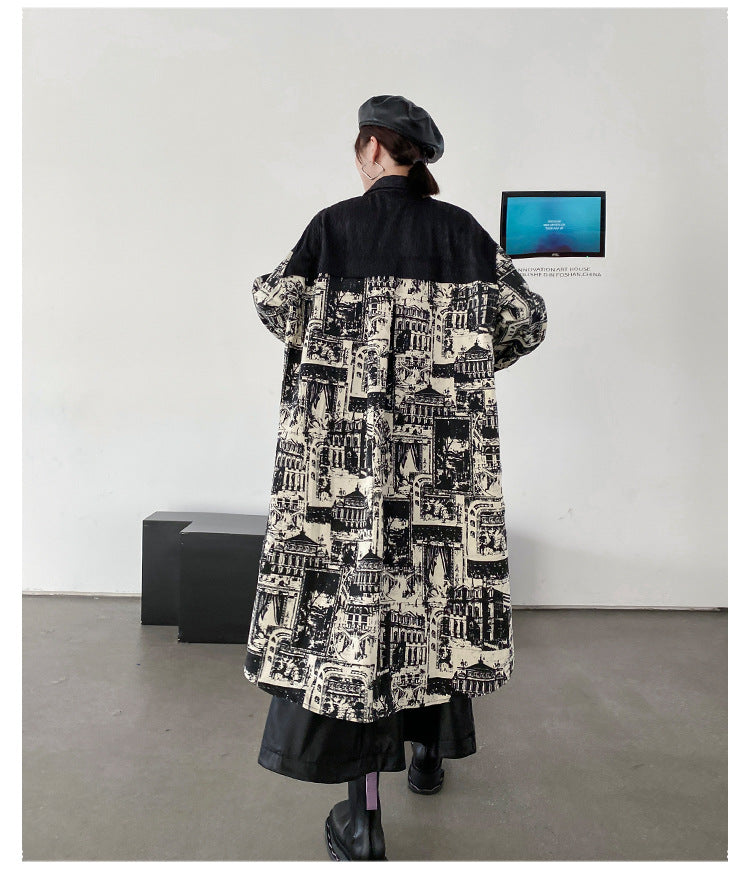 Vintage Print Lapel Windbreaker Coat