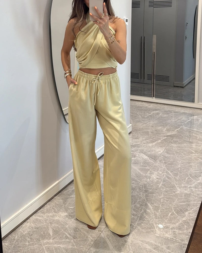 Casual Solid Color Lace-Up Top & Pants Two-Piece Set