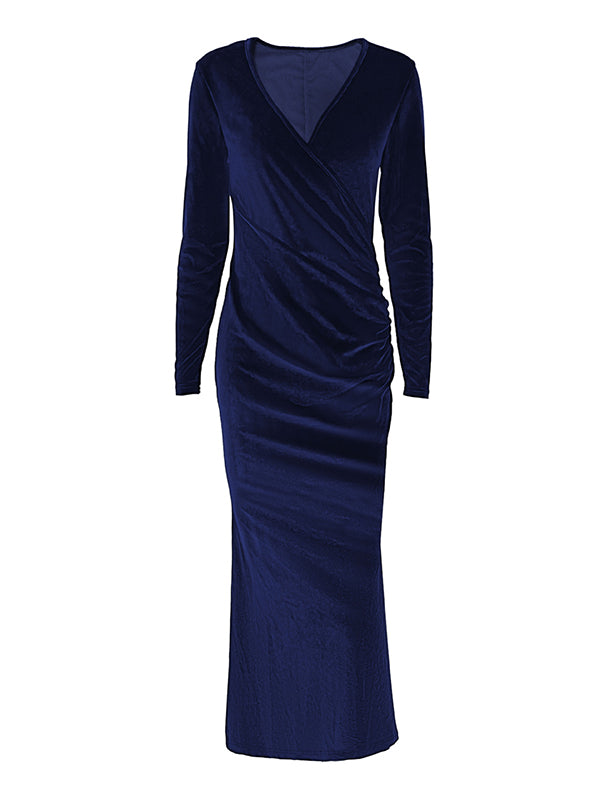 Bodycon Long Sleeves Pleated Solid Color Split-Joint V-Neck Evening Dresses Maxi Dresses