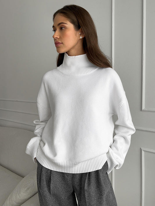 Autumn and Winter solid color simple loose high collar solid color knitted sweater for women