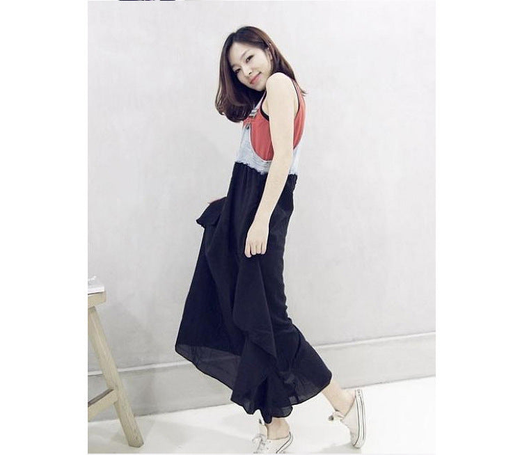 Loose Denim Splicing Suspender Maxi Dress