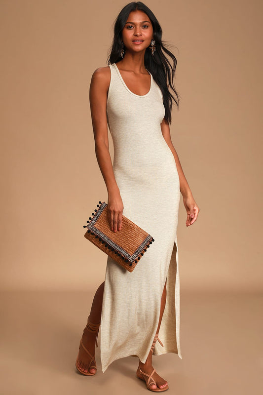 Women Sexy Beige Maxi Dress Ribbed Knit Bodycon Long Dress